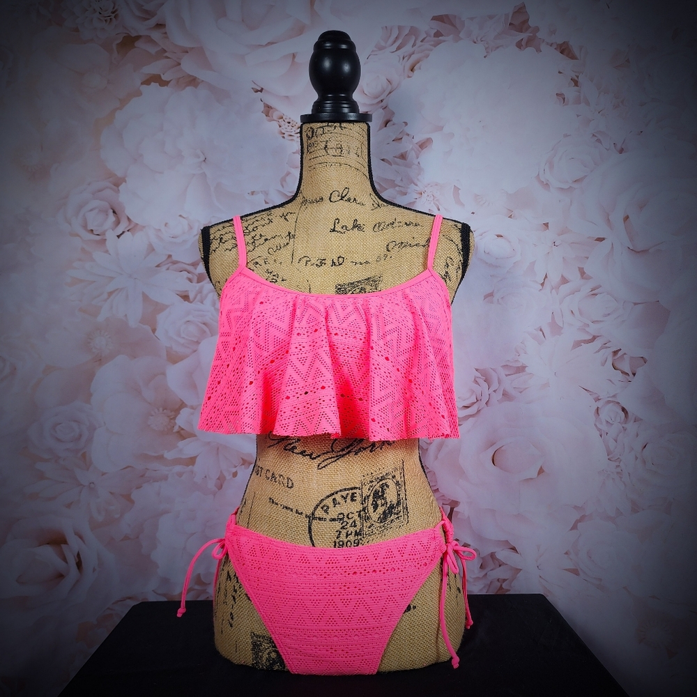 Large Pink Ruffle Flounce Matching Bikini Set